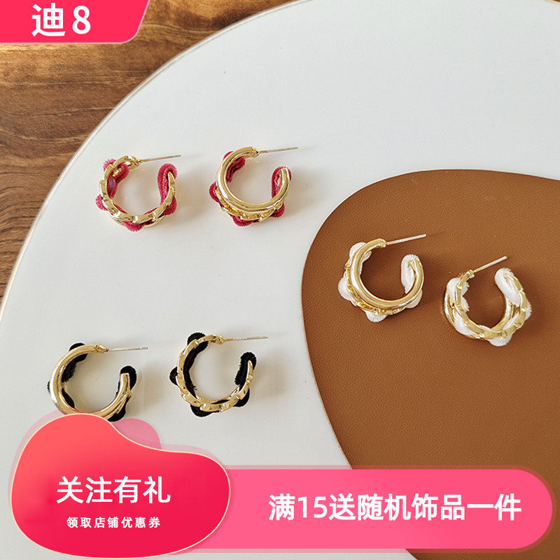 S925银针日韩ins风时尚冬款植绒C字耳钉个性布条金属质感耳饰4444