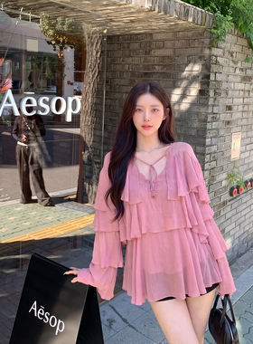 alex stevens轻熟荷叶边V领系带衬衫女夏季长袖薄款透瘦气质上衣