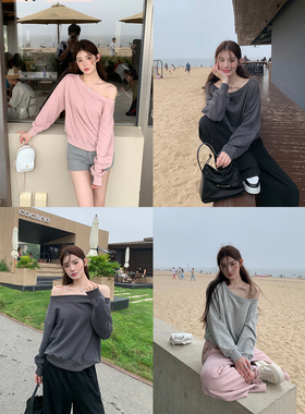 alex stevens美式露肩灰色一字领斜肩卫衣女春秋季宽松套头上衣