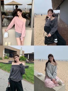 露肩灰色一字領斜肩衛衣女春秋季 寬松套頭上衣 stevens美式 alex