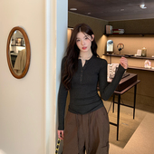 alexstevens 显瘦内搭上衣 修身 v领纽扣长袖 t恤女春秋设计感打底衫