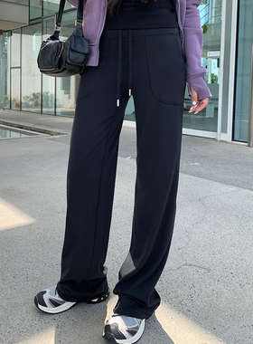 alex stevens黑色弹力鲨鱼裤休闲裤女显瘦微喇叭直筒阔腿运动裤子