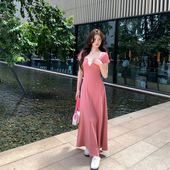 连衣裙女夏季 alex stevens设计感叠穿两件套短袖 纯色收腰长裙子