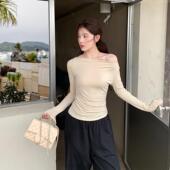 alex t恤女秋上衣荡领打底衫 stevens设计感一字斜肩露肩薄款 长袖