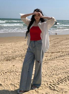 alex stevens破洞牛仔裤女2025新款女春夏季蓝色直筒裤宽松拖地裤