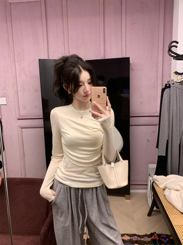 双层皱褶针织打底衫修身长袖上衣