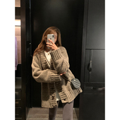 女秋喜马拉雅中长款 alex 慵懒风灰色马海毛针织开衫 宽松毛衣外套