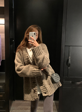 alex 慵懒风灰色马海毛针织开衫女秋喜马拉雅中长款宽松毛衣外套