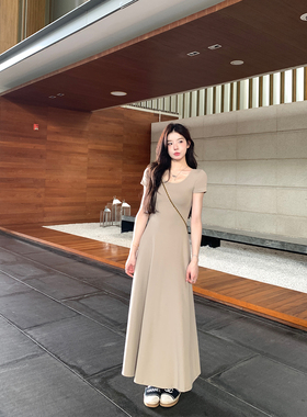 alex stevens气质纯色修身短袖连衣裙女秋夏季垂感中长款大摆裙子