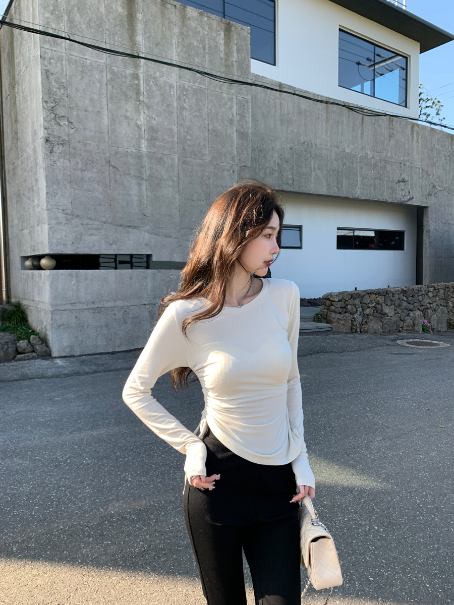 alex stevens 抽绳打底衫女春秋季圆领修身T恤显瘦弹力内搭上衣