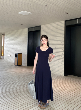 alex stevens 纯色修身短袖连衣裙女度假长裙夏季垂感中长款裙子