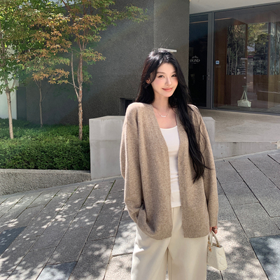 alex stevens慵懒风V领针织开衫羊毛衫女秋季宽松薄款中长款外套