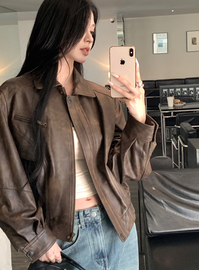 alex stevens咖色皮衣机车外套女秋季复古短款飞行服夹克上衣