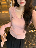 stevens翻领V领针织打底衫 女春秋季 喇叭袖 alex 纯欲上衣修身 显瘦