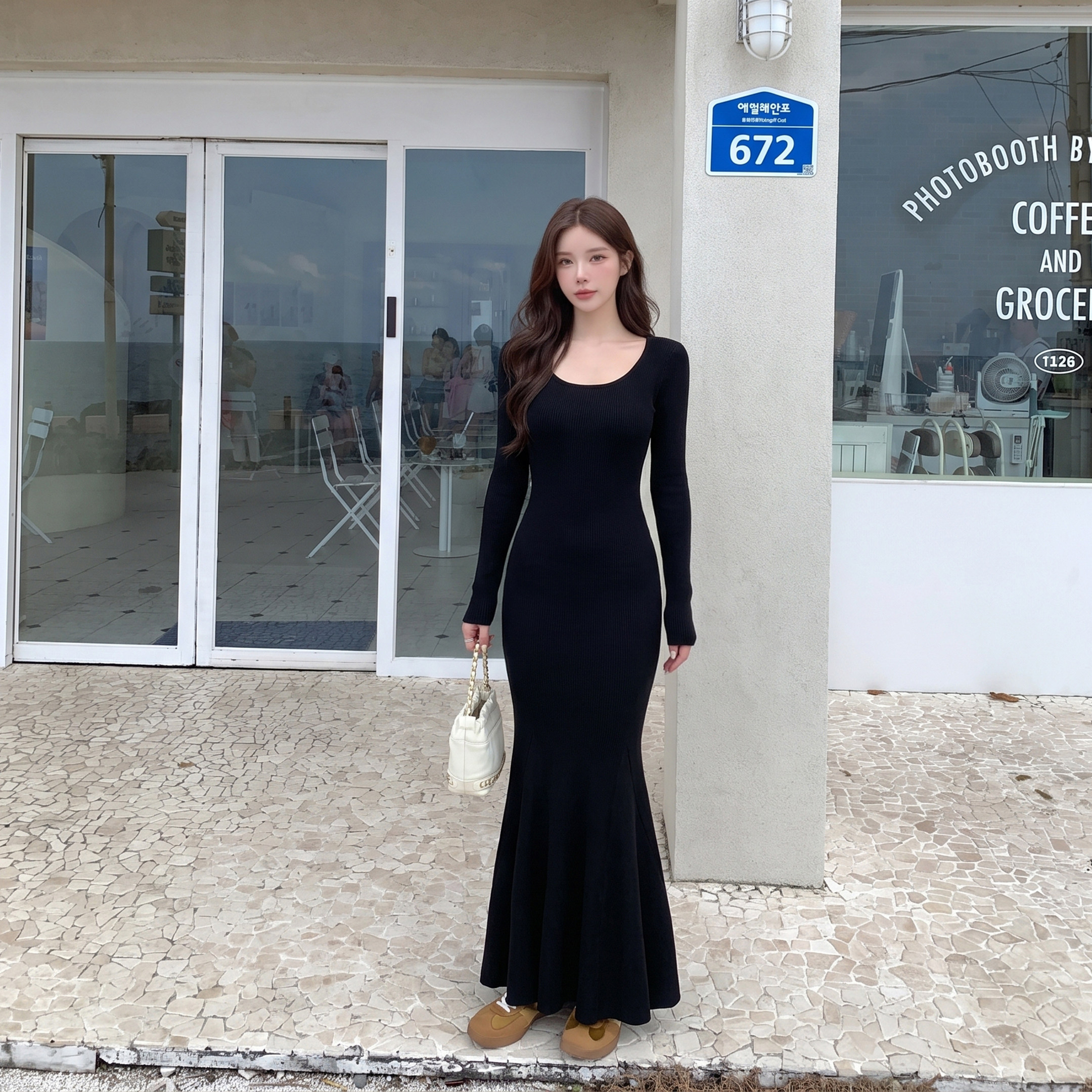 alex stevens修身连衣裙女长袖收腰显瘦中长款鱼尾裙气质