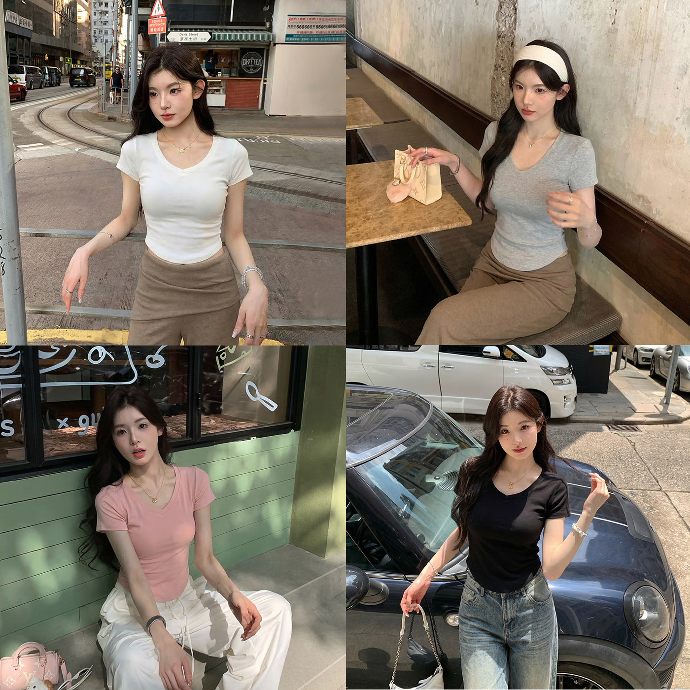 alex stevens 3.23 10点正肩T恤女V领短袖白色上衣春夏修身显瘦款