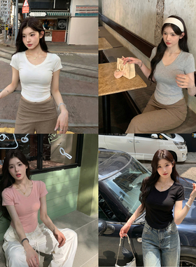 alex stevens 正肩T恤女夏季多巴胺V领短袖多色上衣修身显瘦短款
