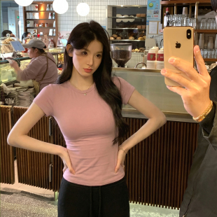 修身 alex 短款 女夏季 显瘦正肩上衣 sevents纯色设计感T恤圆领短袖