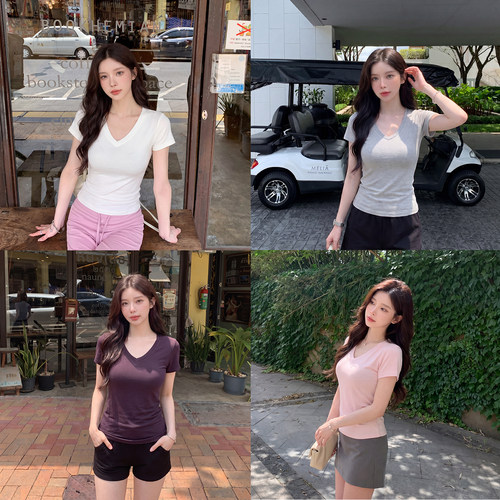 alex stevens 极简风V领短袖T恤女夏季显瘦修身纯色打底衫上衣