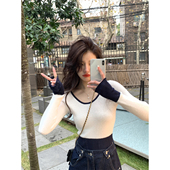 显瘦圆领上衣长袖 撞色针织打底衫 内搭修身 设计感小众2025春秋女