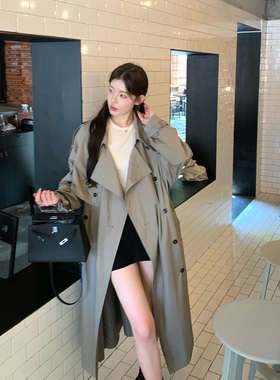 alex stevens巨好看翻领风衣外套灰色英伦风宽松中长款大衣女秋季