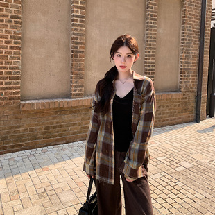 alex stevens美式复古格子衬衫女春季外搭宽松美拉德外套上衣衬衣