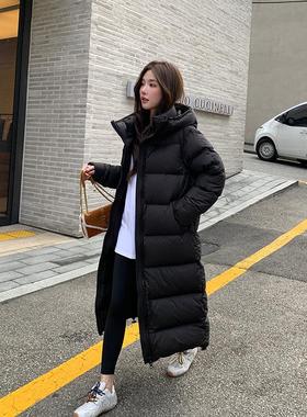 alex stevens黑色连帽长款羽绒服女冬季加厚保暖大棉被白鸭绒外套