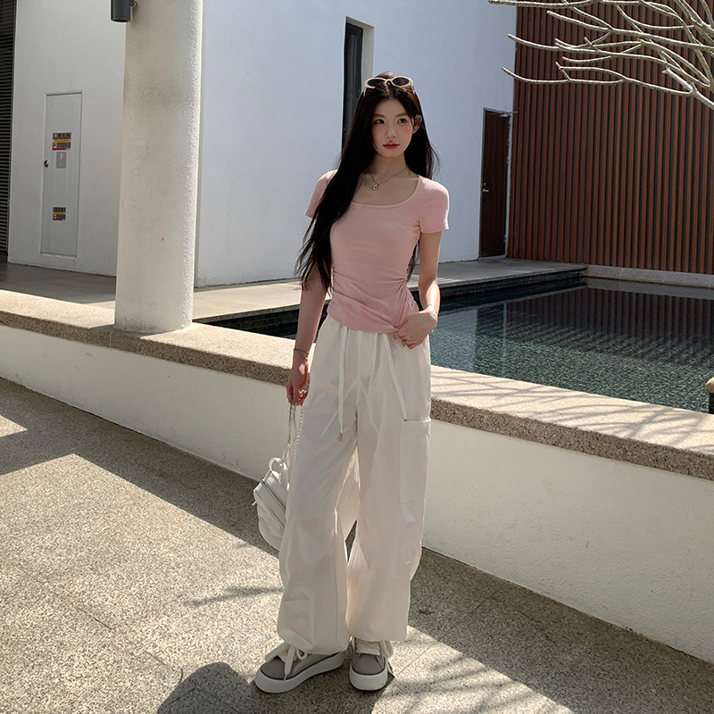 alex stevens美式直筒工装裤女春夏季高腰阔腿抽绳休闲裤显瘦长裤
