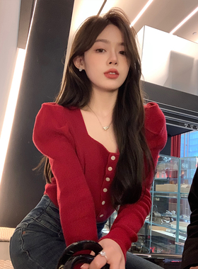 alex stevens红色纯欲方领针织开衫女春秋泡泡袖毛衣修身内搭上衣