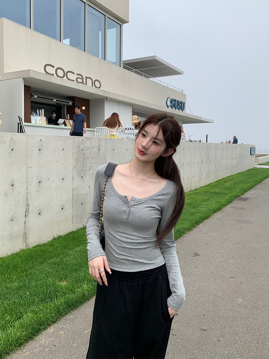 alex stevens美式打底衫女长袖t恤弹力灰色修身内搭外穿上衣春季