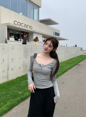 alex stevens美式打底衫女长袖t恤弹力灰色修身内搭外穿上衣秋季