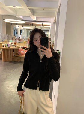 alex stevens 连帽卫衣针织开衫外套女春秋季短款双拉链翻领上衣