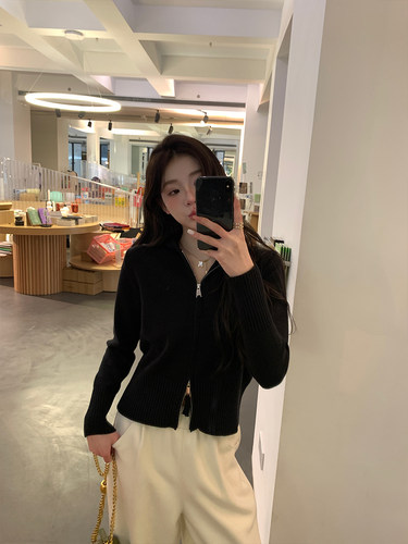 alex stevens 连帽卫衣针织开衫外套女春秋季短款双拉链翻领上衣