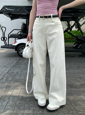 alex stevens白色阔腿牛仔裤女夏季新款流行高腰显瘦直筒裤长裤子