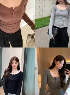 alex stevens美式长袖打底衫女弹力灰色修身内搭外穿上衣春秋外穿