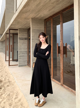 alex stevens黑色长袖连衣裙女春秋季垂感长裙修身卡戴珊裙子