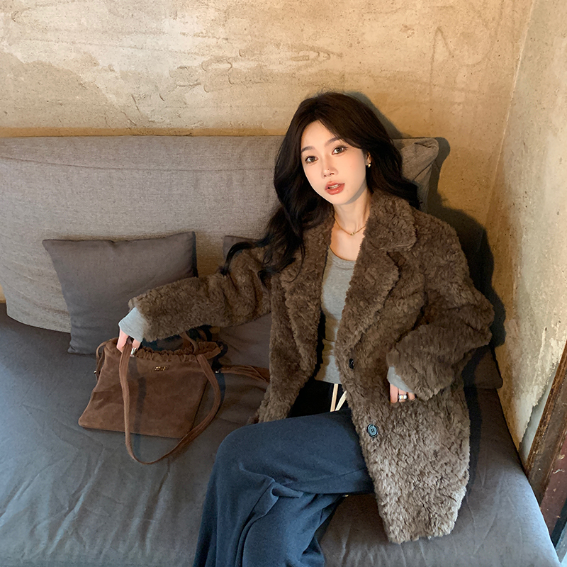 alex stevens 羊羔毛外套女冬季皮毛一体翻领毛茸茸加厚毛毛上衣