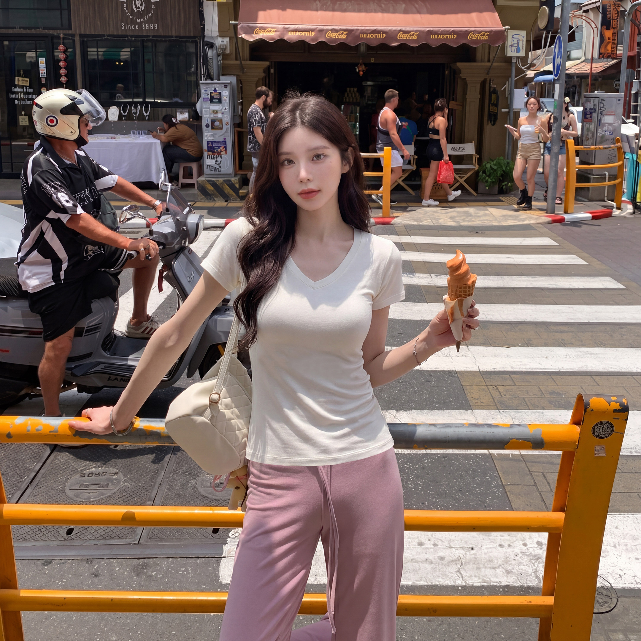 alex stevens纯色V领短袖T恤女夏季正肩修身显瘦外穿短款百搭上衣