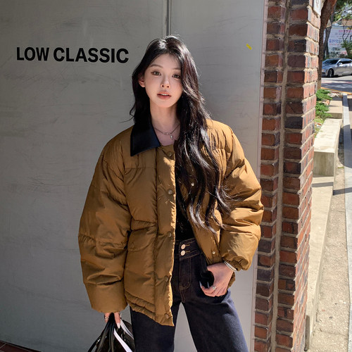 alex stevens撞色翻领白鸭绒羽绒服外套女冬季加厚保暖短款面包服