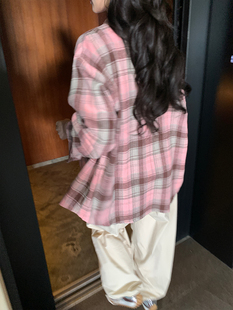 alex stevens 粉色格子衬衫外套女春秋季休闲宽松中长款衬衣上衣