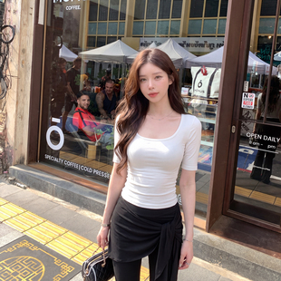 alex stevens韩系U领正肩短袖T恤女夏季修身显瘦短款掐腰上衣紧身