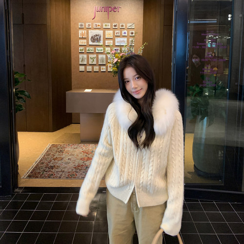 针织开衫女修身羊毛衣外套狐狸毛