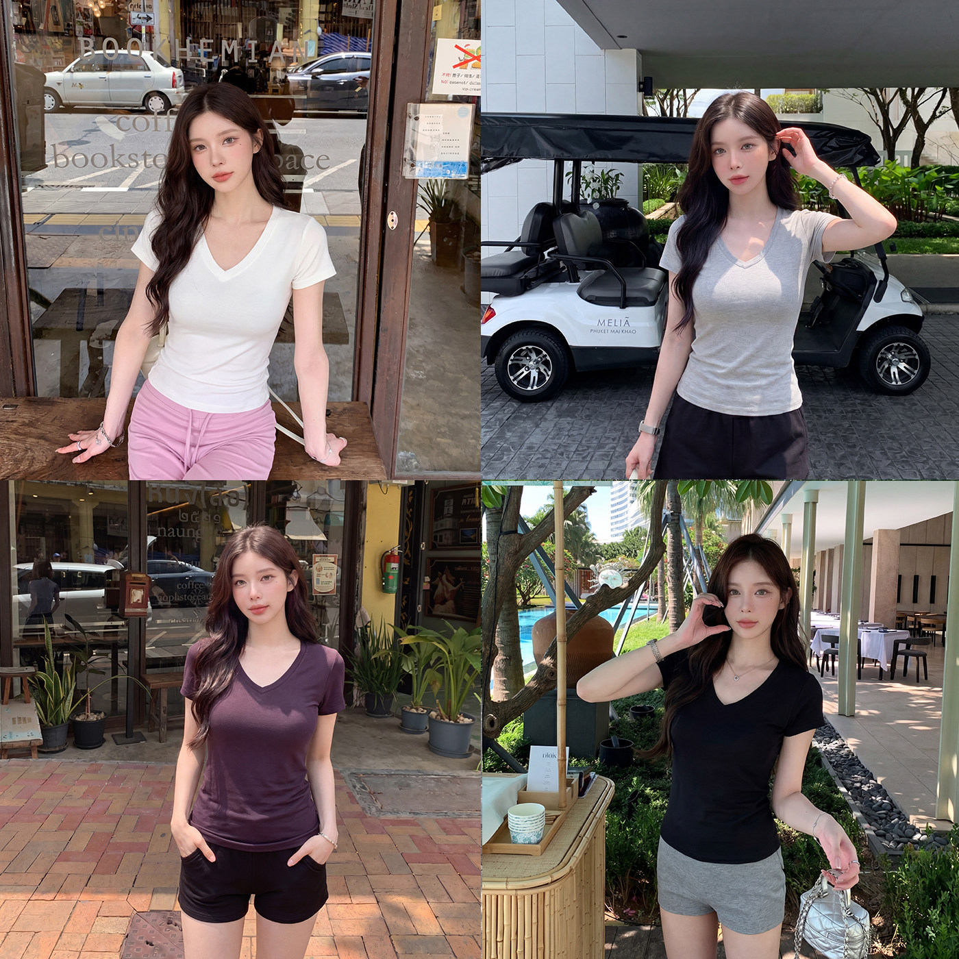 alex stevens 极简风V领短袖T恤女夏季显瘦修身纯色内搭外穿上衣