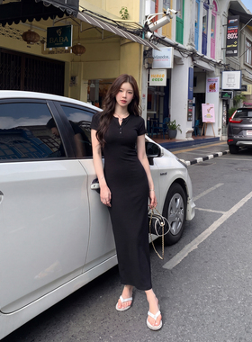 alex stevens气质纯色短袖亨利领连衣裙女夏季修身显瘦包臀长裙子