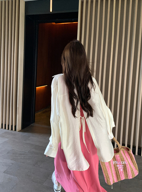 alex stevens后开叉春秋薄款防晒衬衫女夏季上衣宽松白色衬衣外套