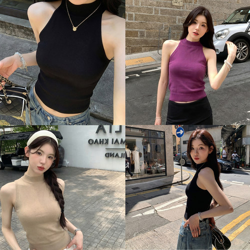 alex sevents挂脖无袖背心女夏季弹力修身显瘦上衣短款外穿吊带