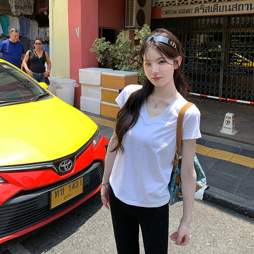 alex stevens 正肩V领露锁骨t恤女夏季修身显瘦短袖内搭外穿上衣