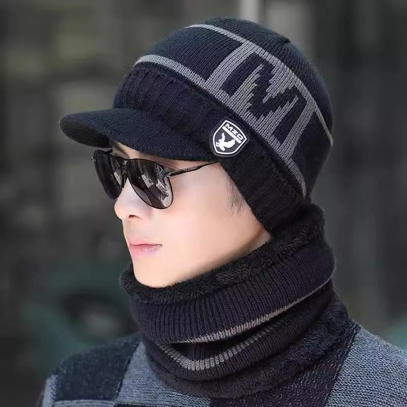帽子男冬季保暖加厚针织毛线帽冬天男士棉帽防寒围脖骑车护耳冬帽