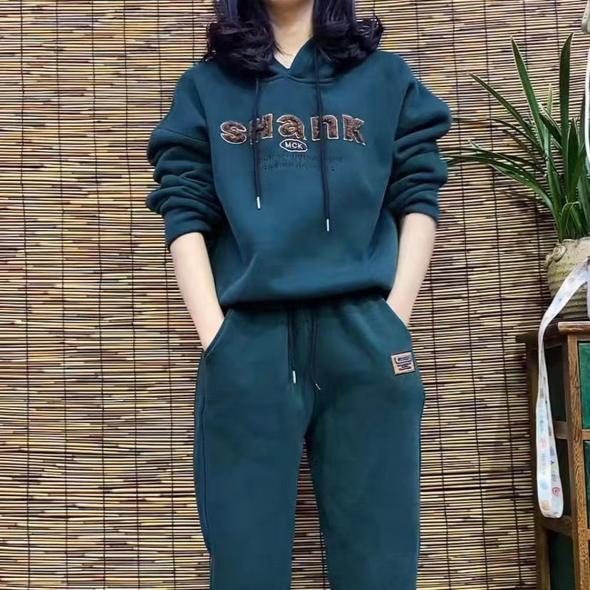 休闲秋冬加绒加厚卫衣套装一整套