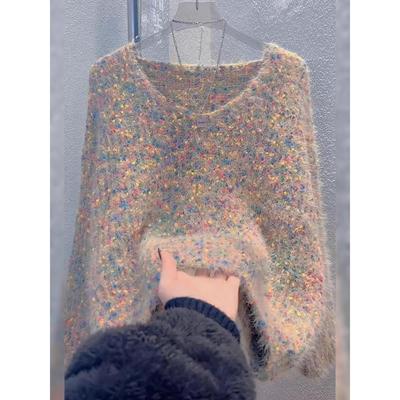 慵懒风高级感彩色点点毛衣女2025秋冬V领套头短款加厚上衣针织衫